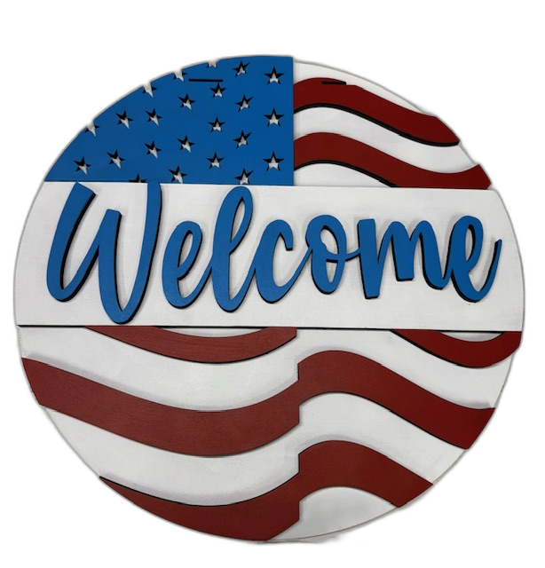 Round wood welcome sign with an American flag design